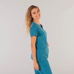 Blusa mujer efecto lino beige o turquesa