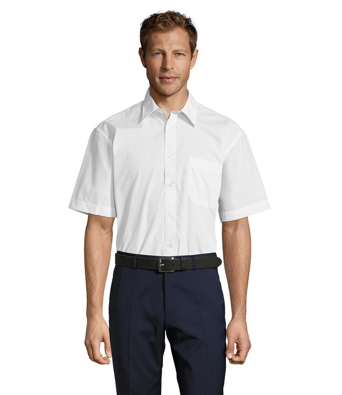 puesta de sol Expansión Inválido Camisa de hombre manga corta en color blanco, negro y azul — Global  Uniformes