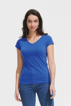 Camiseta para mujer, manga corta, cuello pico de algodón, marca